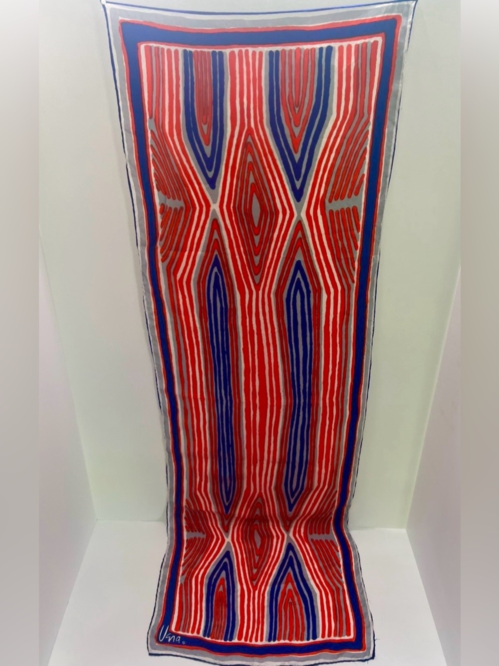 Vintage Vera Neumann Oblong  geometric design scarf red blue handrolled scarf